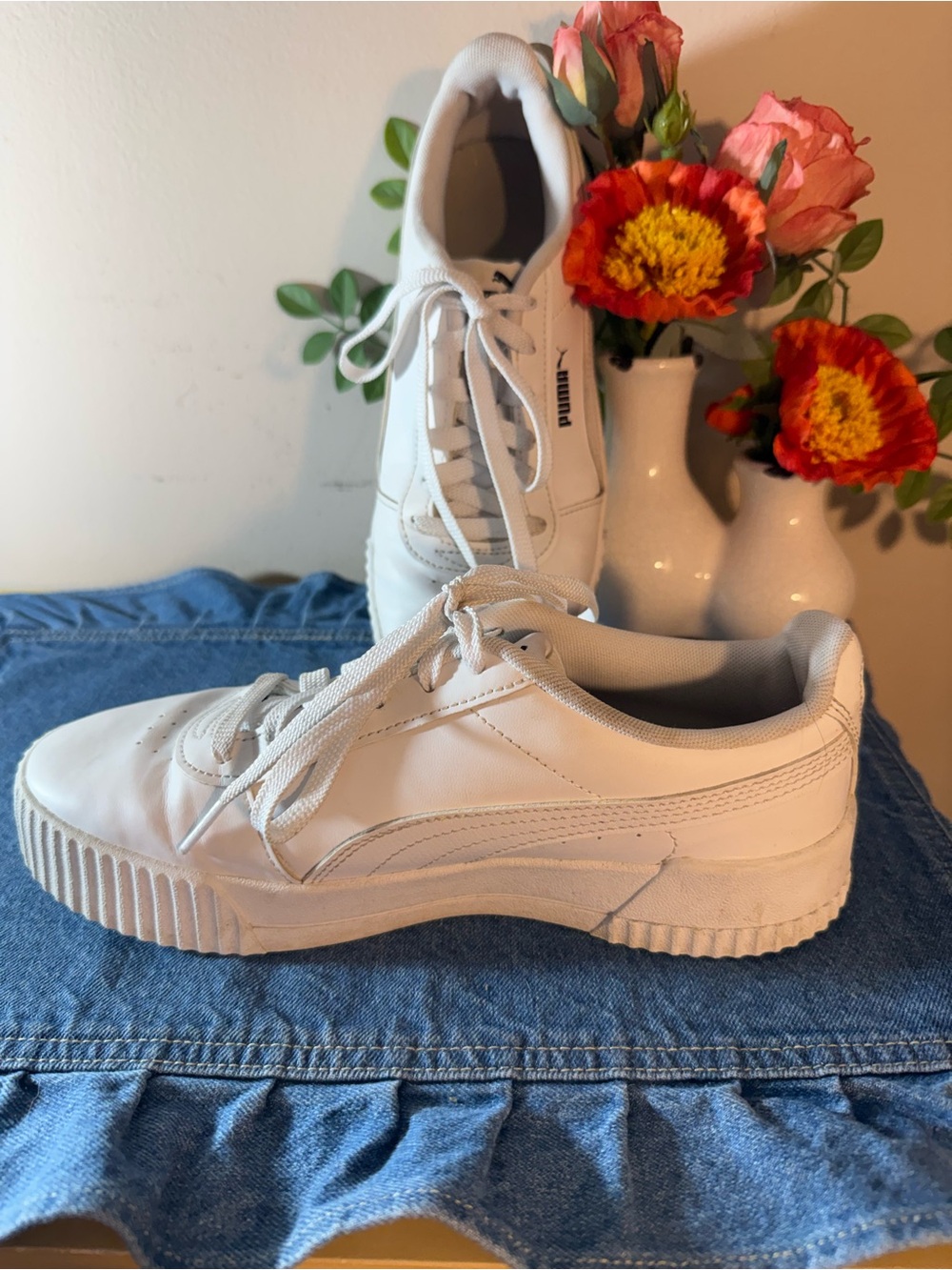 Puma Women’s All White Low-Top Leather Platform Sneakers-Size 8.5